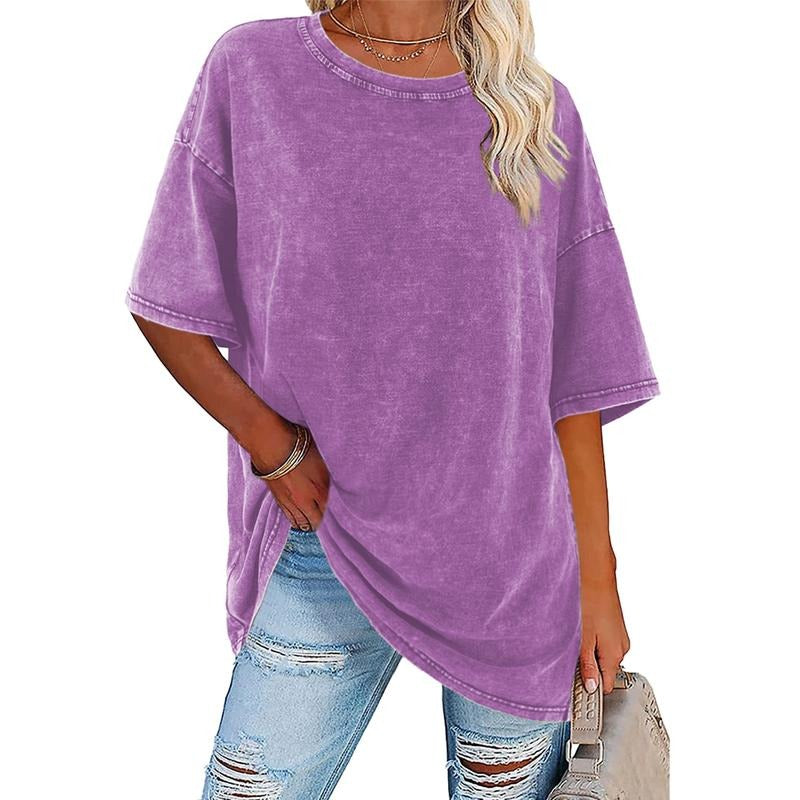 Holafish Women'WB shield Oversized T-Shirt Acid Washed Half Short Sleeves Casual Loose Fit, Cotton Tee with Crew Neck,...