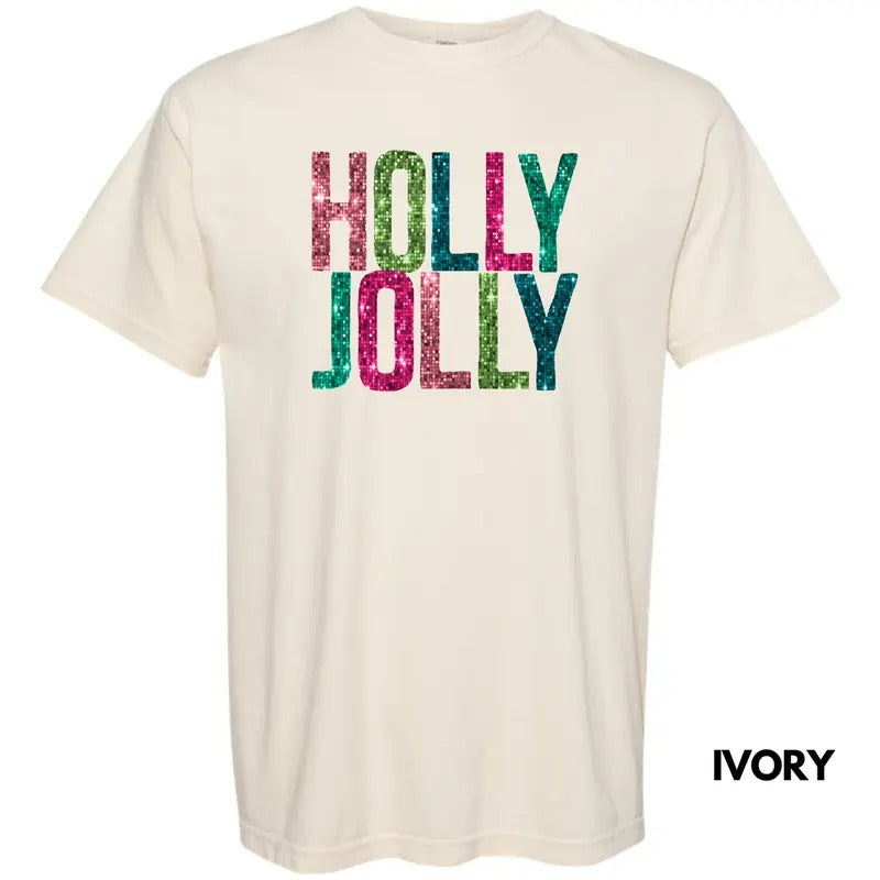 Holly Jolly FAKE Sequins Comfort Colors T-Shirt Hoodie, Sweatshirt | RetroVerseTees.com