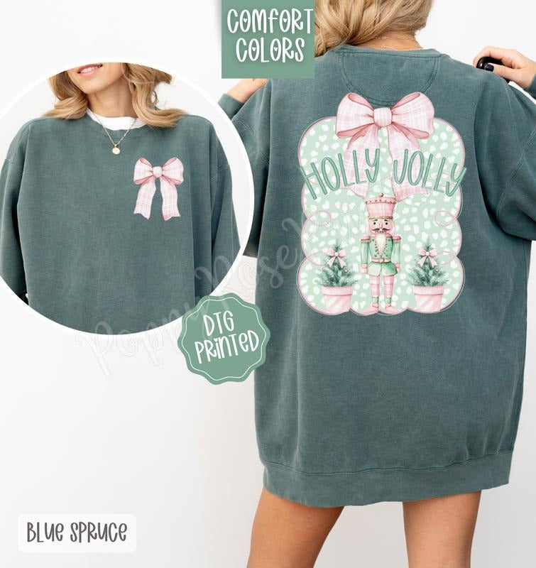 Holly Jolly Nutcracker Front & Back Comfort Colors Sweatshirt, Trendy Women's Holiday Sweatshirt T-Shirts, Hoodie