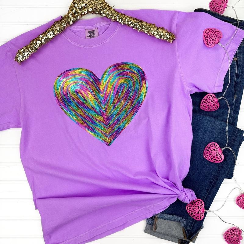 Holographic HEART Sequin Patch Comfort Colors T-Shirt -- NEON VIOLET Hoodie, Sweatshirt | RetroVerseTees.com