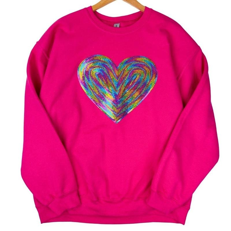 Holographic HEART Sequin Patch Sweatshirt -- HOT PINK T-Shirts, Hoodie | RetroVerseTees.com
