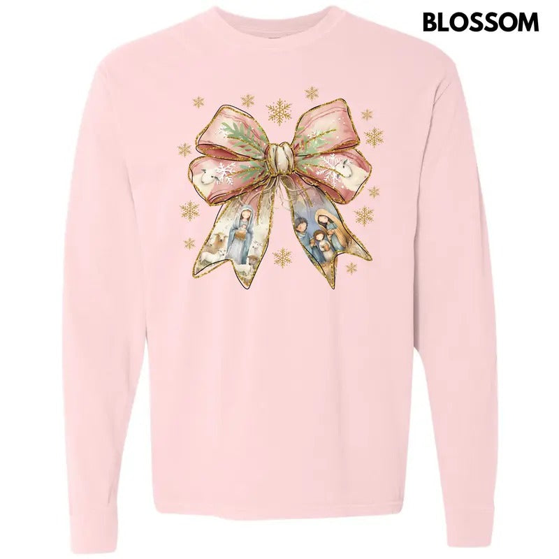 Holy Night Bow Long Sleeve Comfort Colors T-Shirt 'NLB' Hoodie, Sweatshirt | RetroVerseTees.com