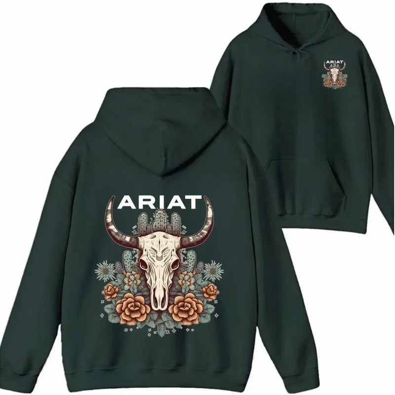 Ariat Shirt/Sweatshirt/Hoodie- Featuring a bull skull design with unique cactus floral patterns, perfect for outdoor...