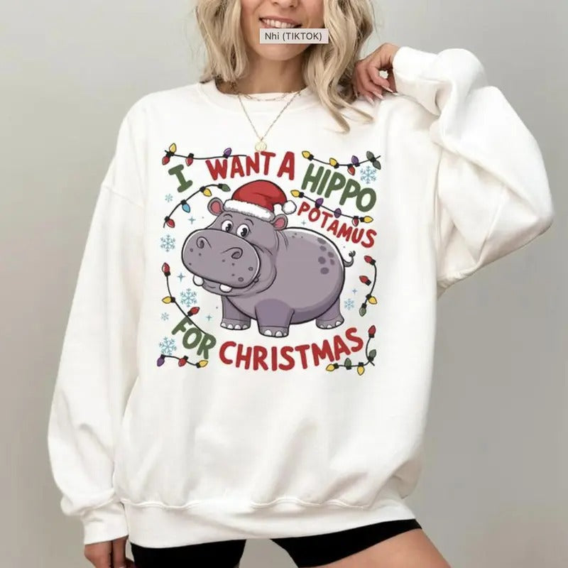 Hippopotamus For Christmas I Want A Hippo T-shirt/Sweatshirt/Hoodie Cotton Unisex Comfy | RetroVerseTees.com