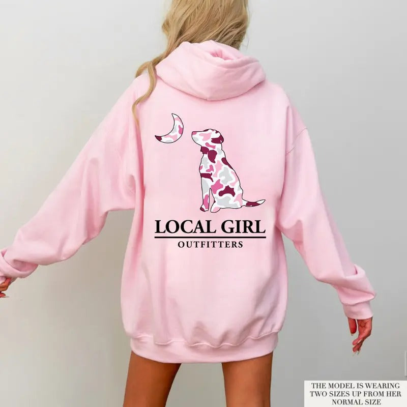 Vintage Unisex NDC Local Girl Pink Camo flage Dog and Moon T-Shirt/Hoodie, 100% Cotton Sleeve, Pullover Womenswear Clothing