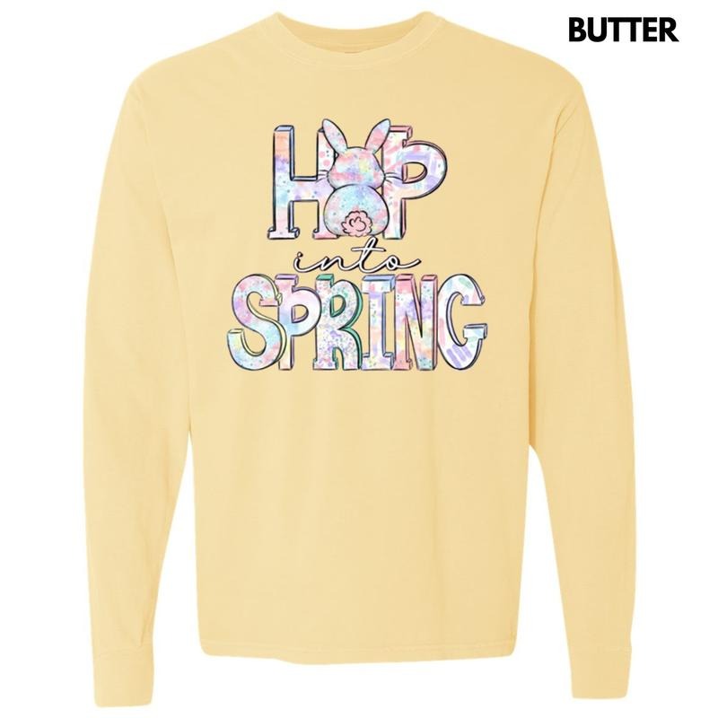 Hop Into Spring Long Sleeve Comfort Colors T-Shirt Hoodie, Sweatshirt | RetroVerseTees.com