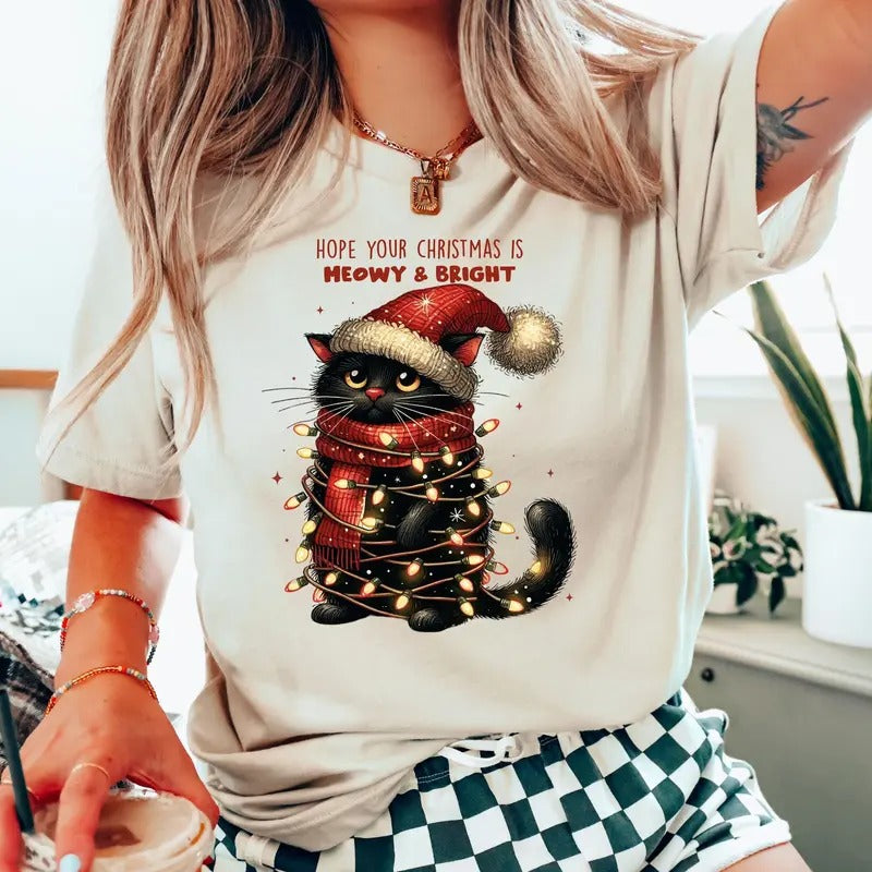 Hope Your Christmas Is Meowy and Bright Sweatshirt, Christmas Lights Sweater, Merry Christmas Cat Shirts, Funny Christmas...