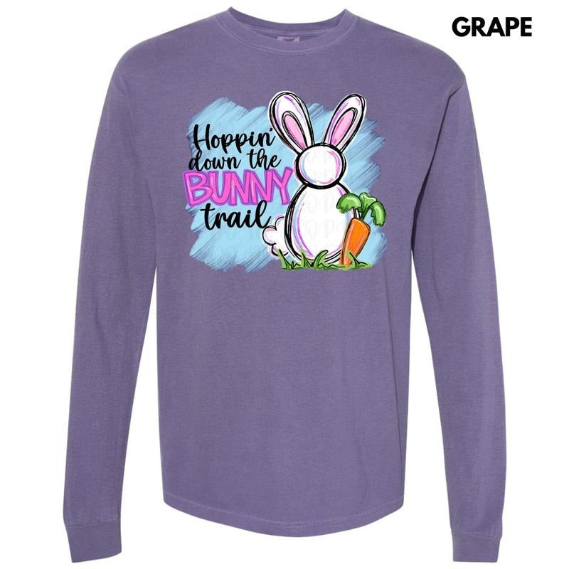 Hoppin Down Bunny Trail Long Sleeve Comfort Colors T-Shirt Hoodie, Sweatshirt | RetroVerseTees.com