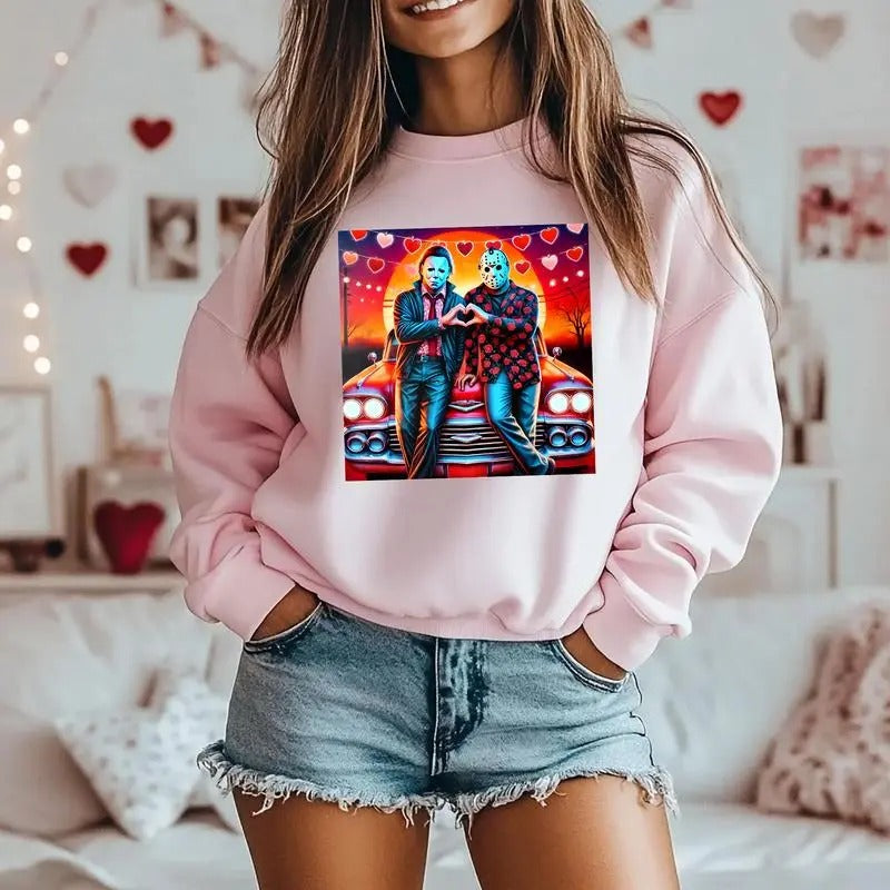 Horror Characters Valentine Shirt, Pink Heart Valentine Horror Sweatshirt, Scary Movie Valentine Shirt,  Love XOXO Heart...