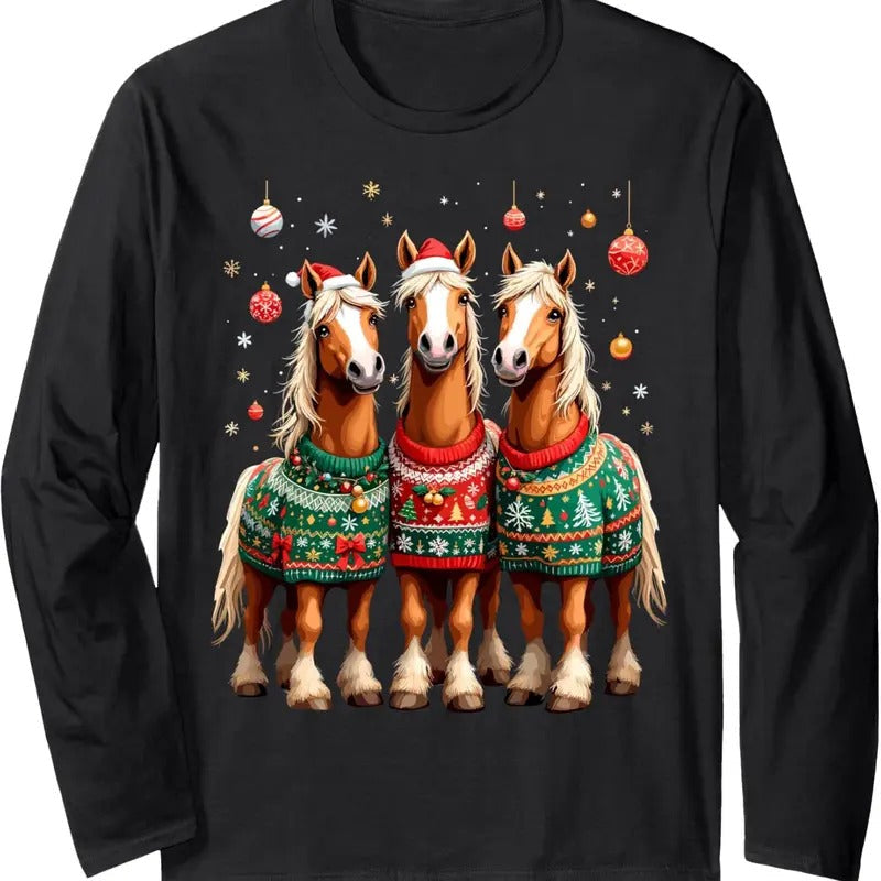 Horses Ugly Sweters Christmas Xmas Horse Lover Horseman Long Sleeve T-Shirt Hoodie, Sweatshirt | RetroVerseTees.com