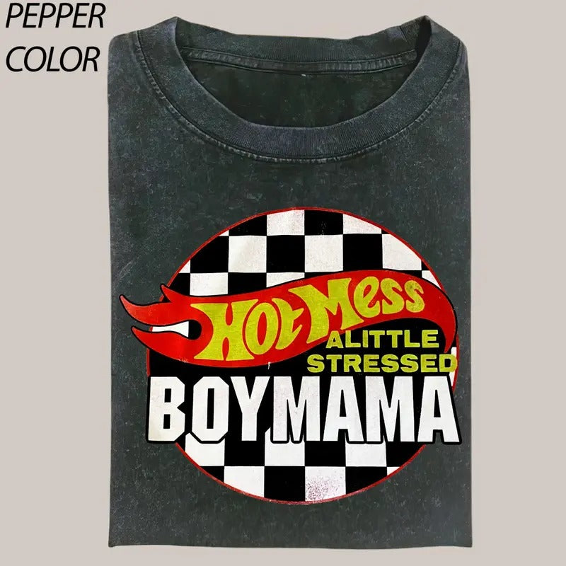 Hot Mess Mama Little Stressed Vintage Graphic Shirt, Bleached Mom T-Shirt, Boy Mama Race Car Mom Shirt Hoodie, Sweatshirt