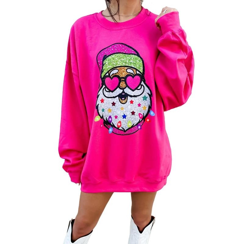 Hot Pink Glitter Santa Graphic Sweatshirt T-Shirts, Hoodie | RetroVerseTees.com