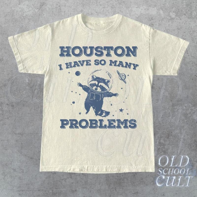 Houston I Have So Many Problems Vintage T-Shirt, Retro 90s Funny Raccoon In Space T Shirt, Trash Panda Galaxy Graphic T...