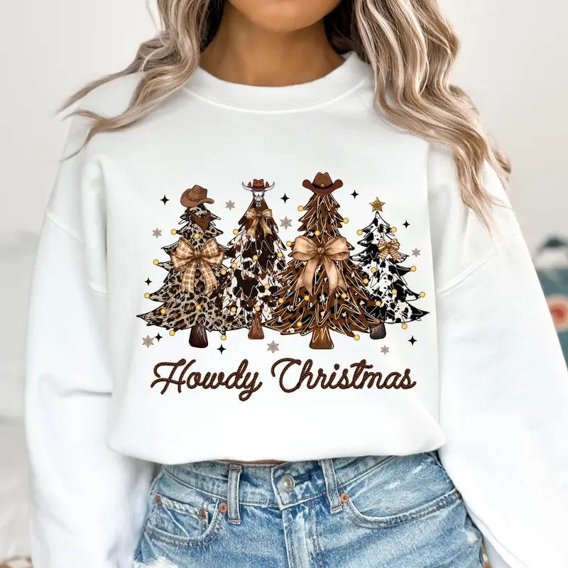 Howdy Retro Western Christmas Tree Sweatshirt, Cowboy Christmas Christmas Cowgirl Coquette Bow Shirt Hoodie