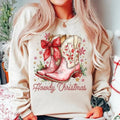 Howdy Western Christmas Shirt, Coquette Christmas, Holiday Cowgirl Sweater, Retro Christmas Western Pink Cowgirl Boot Tee...