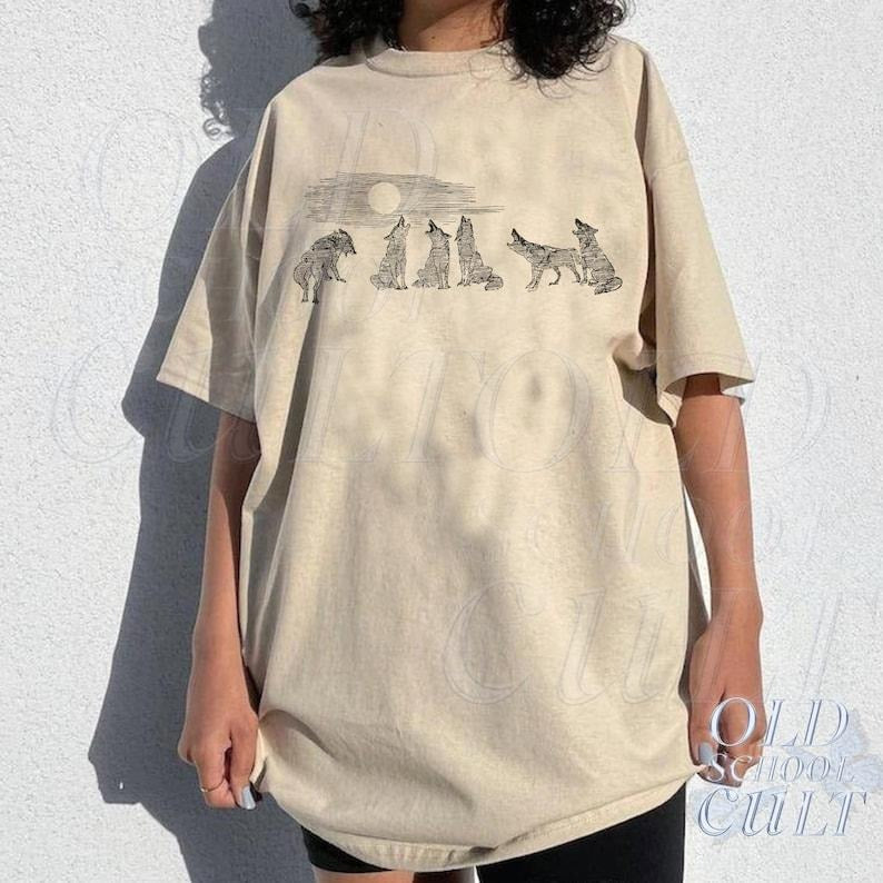Howling Wolves Vintage Minimalistic T Shirt Hoodie Sweater, Retro Wolf Shirt, Cute Soft Distressed Cotton Shirt, Wolf...