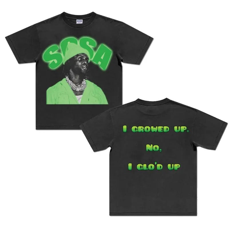 I Growed Up. No, I Glo’d Up Chief Sosaa Green Graphic Big Face Rap Tee Shirt Retro Top Streetwear Hoodie, Sweatshirt