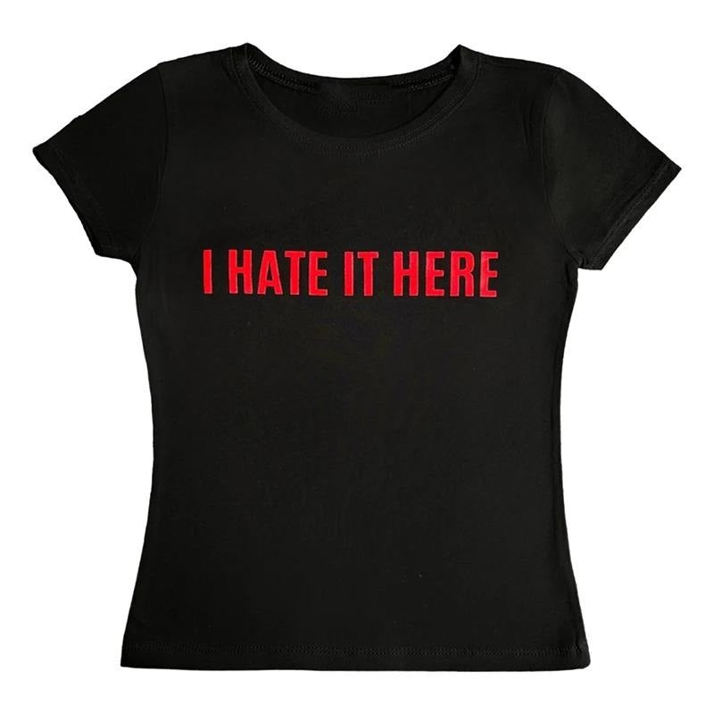 I HATE IT HERE Baby Tee, Aesthetic Cute, Vintage Street Women Print Grunge T-shirt , Casual Punk Streetwear, Grunge...