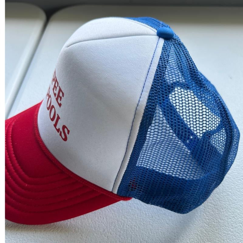 I PEE IN POOLS Trucker Hat - Unisex Blue and Red Mesh Cap with Bold Red Text Design T-Shirts, Hoodie, Sweatshirt