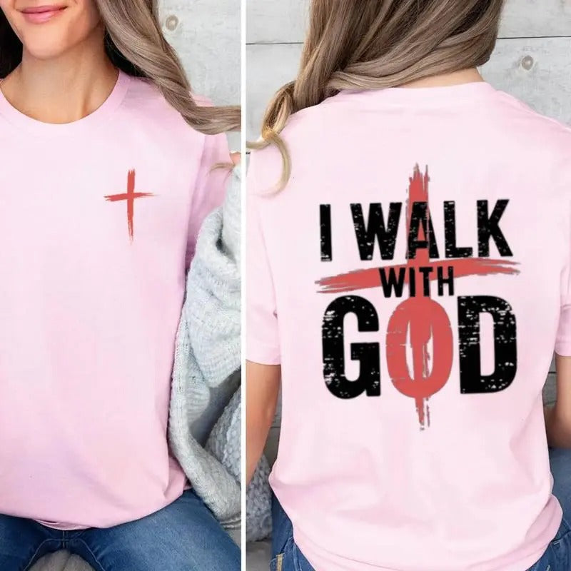 I Walk With God Shirt Graphic Tee Pure Cotton Casual Street Style Crew Neck Short Sleeve T-Shirt Tops Trendy For Women...