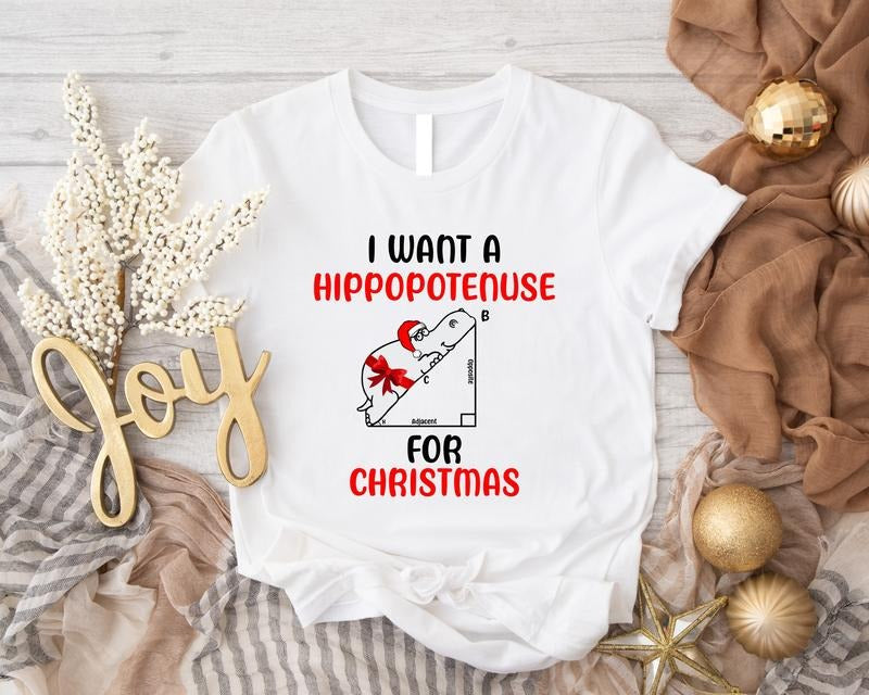 I Want A Hippopotenus For Christmas Shirt, Funny Geometry Xmas T-Shirt, Hippo Santa Hat Shirt, Math Teacher Christmas...