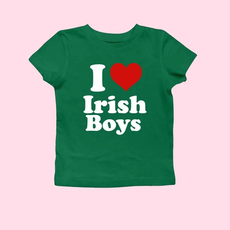 I love Irish Boys St Paddys Baby Tee, Y2K 2000's Style Tee, St. Patrick's Day Baby Tee, Women's Fitted Top Luck of Irish...