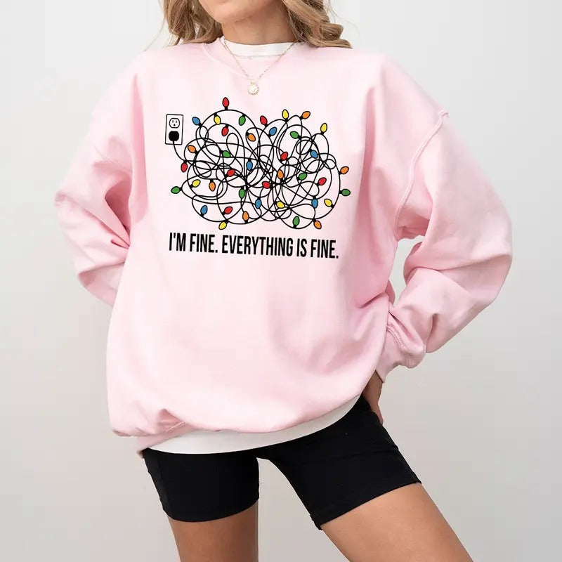 I'm Fine Everything Is Fine Sweatshirt, Tangled Lights Christmas Crewneck Sweatshirt, Funny Christmas Lights Tee Shirt,...