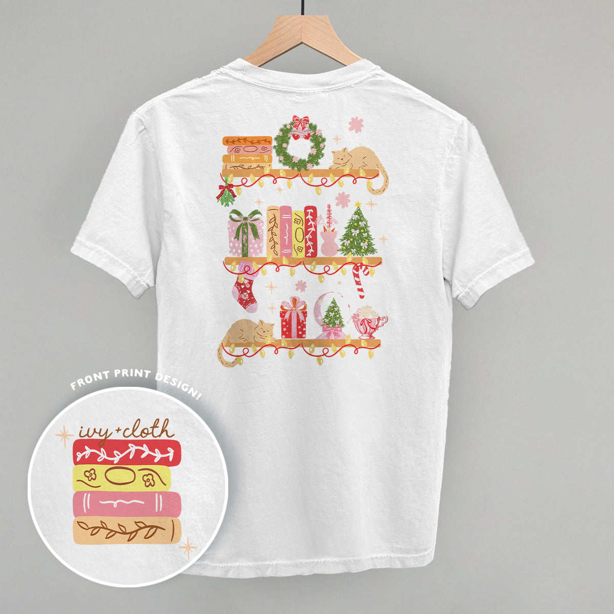 Holiday Bookshelf Doodles (Back Print) T-Shirts, Hoodie, Sweatshirt | RetroVerseTees.com (Image 1)