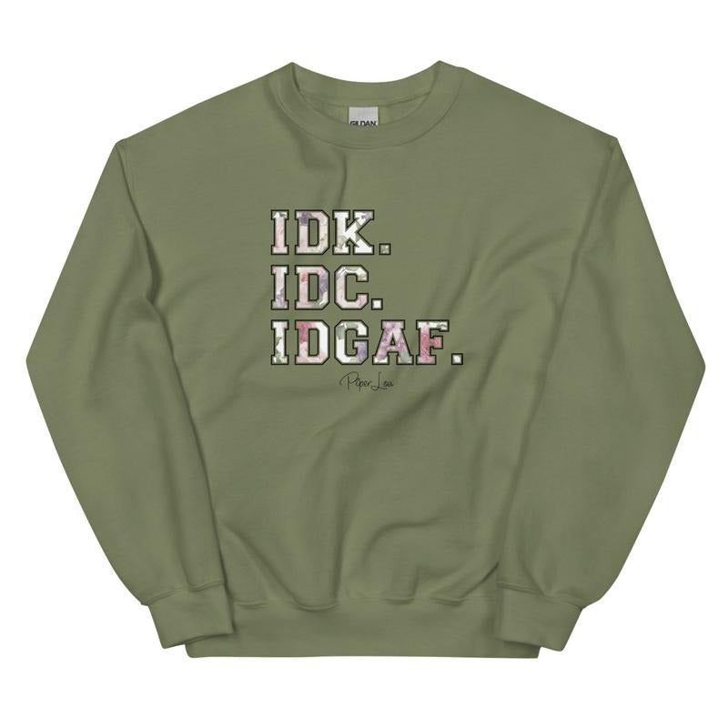 IDK.IDC.IDGAF. Graphic Crewneck Sweatshirt T-Shirts, Hoodie | RetroVerseTees.com
