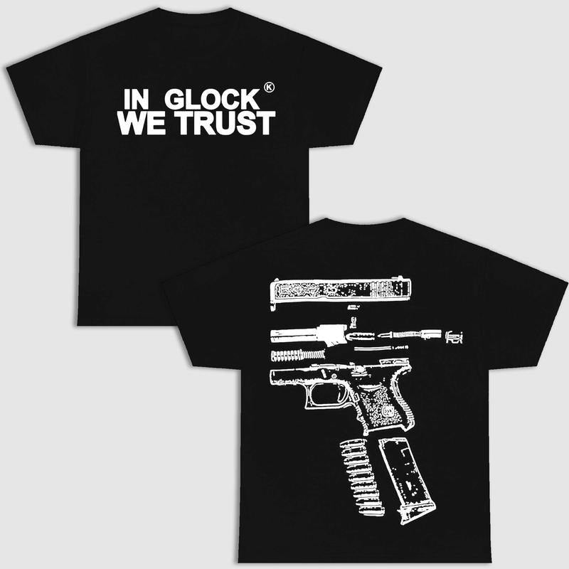 IN GLOCK WE TRUST 2 side T-shirt, Menswear Top , GIft For Men,Full color,Design Black- White, T-shirt For Men Hoodie,...