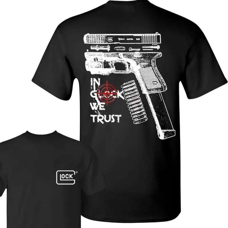 IN GLOCK WE TRUST Black T-shirt with Multicolor Design Hoodie, Sweatshirt | RetroVerseTees.com