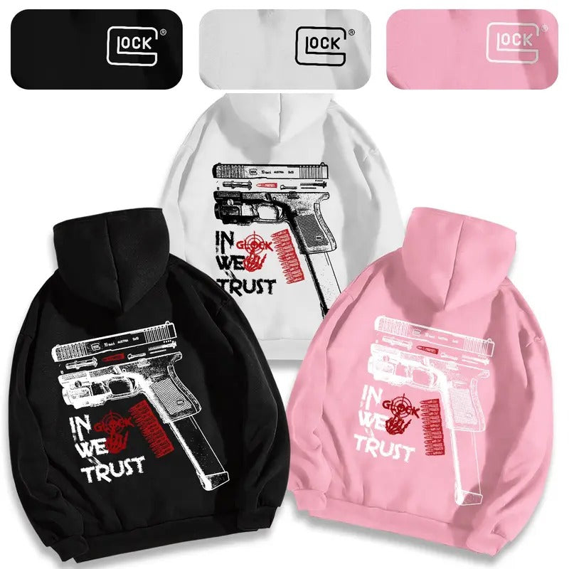 IN GLOCK WE TRUST HOODIE DOUBLE SIDE NEW ERA FOR MEN FOR WOMEN Cotton Menswear T-Shirts, Sweatshirt | RetroVerseTees.com