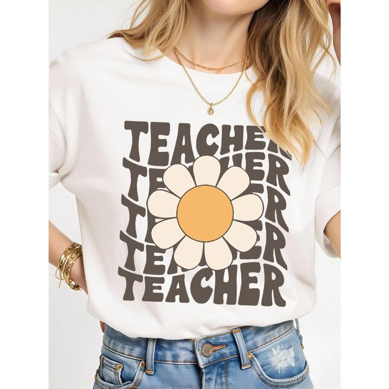 INAWLY Retro Daisy Teacher Graphic Round Neck Short Sleeve T-Shirt Yellow Polyester Casual Day Fabric Women'WB shield...