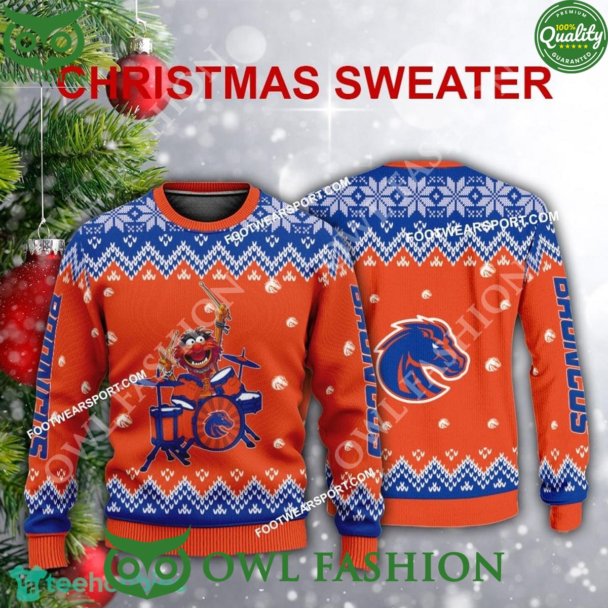 Logo Pattern Muppets Play Drums Boise State Broncos Ugly Sweater Xmas