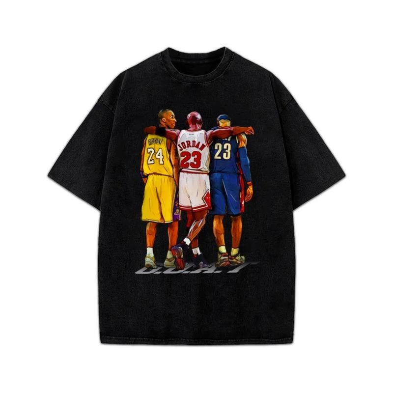 Illustrated Kobe Michael Bron Three Spiky hair fighters GOAT Tribute Graphic T-Shirt Crewneck Cotton Hoodie, Sweatshirt
