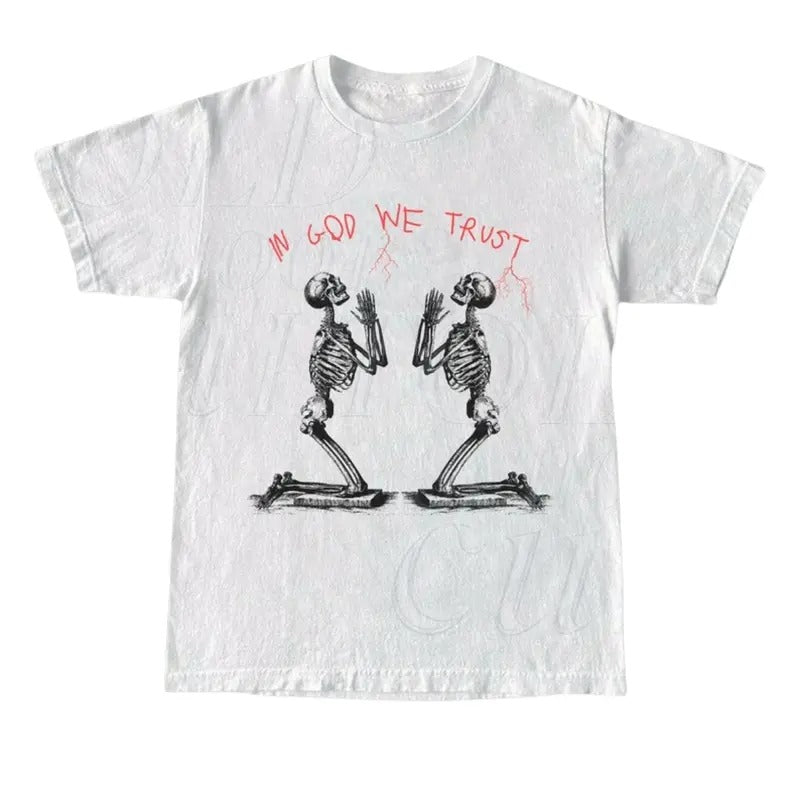 In God We Trust Skeleton Vintage 90s Graphic Style T-Shirt, Retro Skull Oversize Shirt, Y2k Christian Tee, Dark Art...