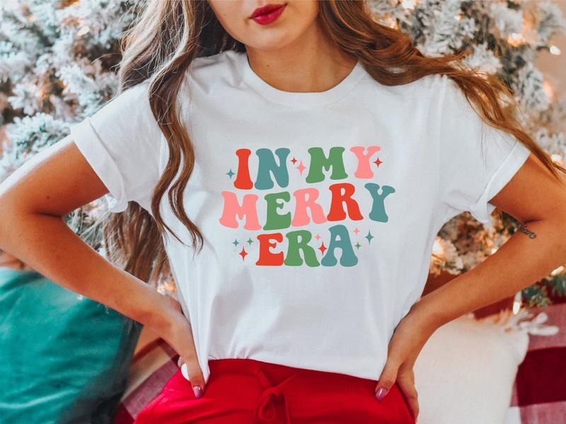 In My Merry Era Shirt, Retro Christmas T-shirt, Woman Christmas Tee, Trendy Xmas Gift Tee, Winter Holiday Gift For Her....