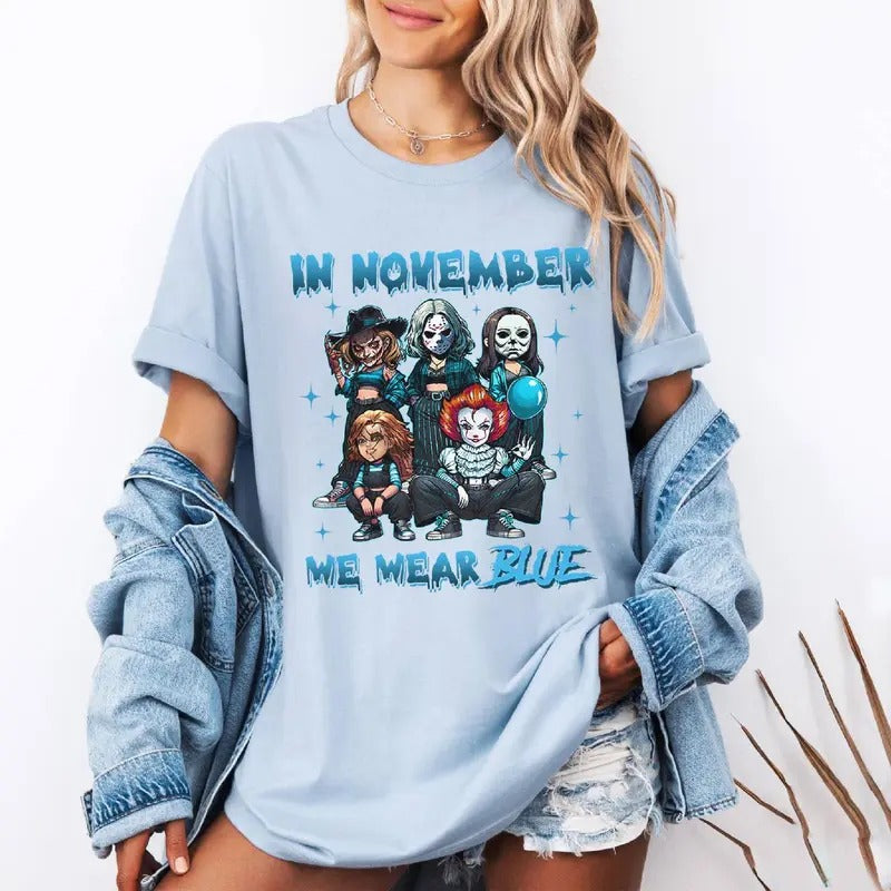 In November We Wear Blue Shirt, Halloween Character Diabetes Awareness Tshirt, Diabetes Awareness Month Shirt Crewneck...