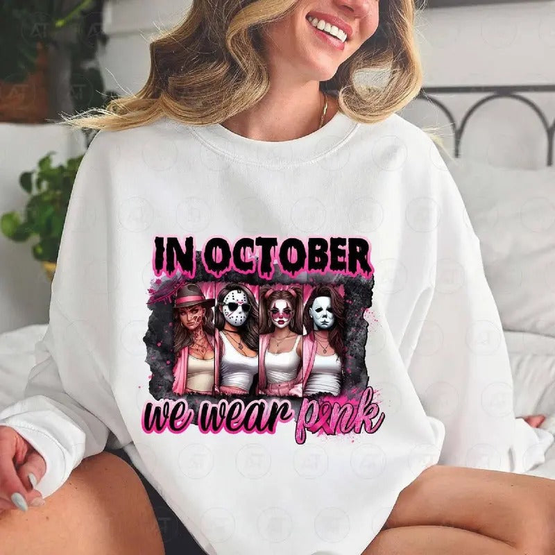 In October We Wear Pink Breast Cancer Awareness Shirt, Pink Movies Halloween Characters Breast Cancer Month Halloween...