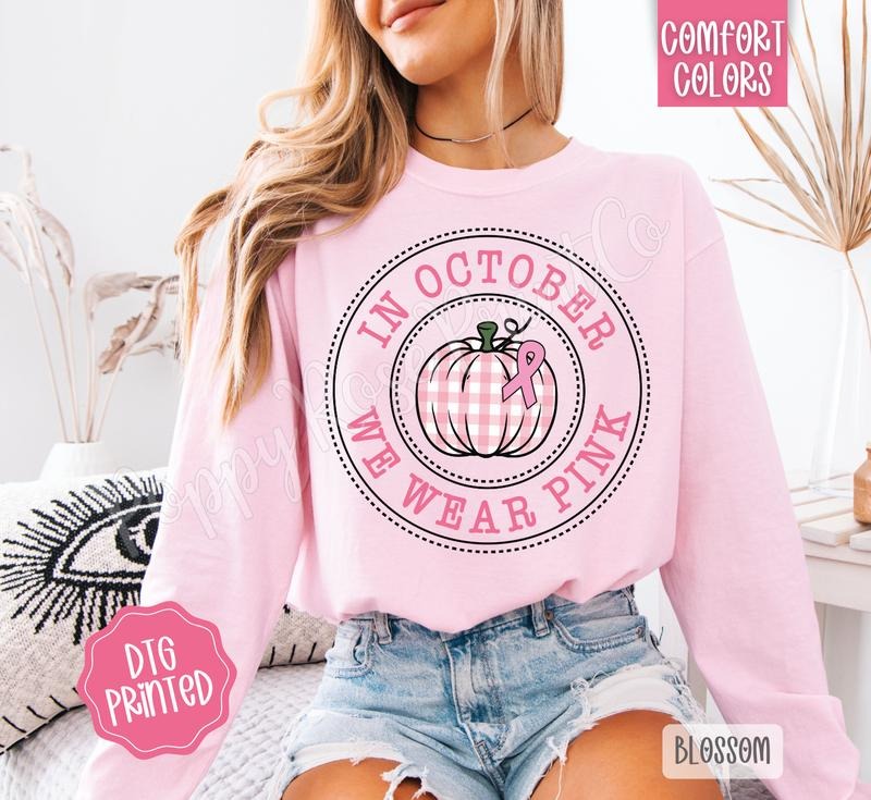In October We Wear Pink Comfort Colors Long Sleeve T-Shirt, Cute Women's Tee Hoodie, Sweatshirt | RetroVerseTees.com