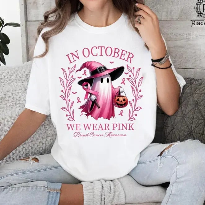 In October We Wear Pink Ghost Shirt, Halloween Tee, Pink Ribbon Shirt, Breast Cancer Awareness Shirt, Retro Cancer...
