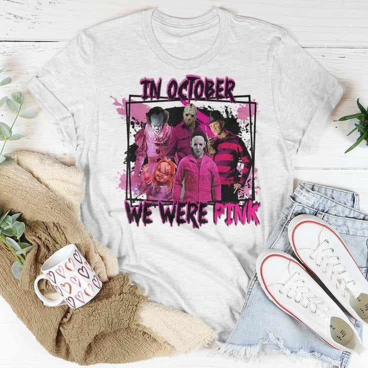 In October We Wear Pink Horror Character Wear Pink Horror T-Shirt Hoodie, Sweatshirt | RetroVerseTees.com