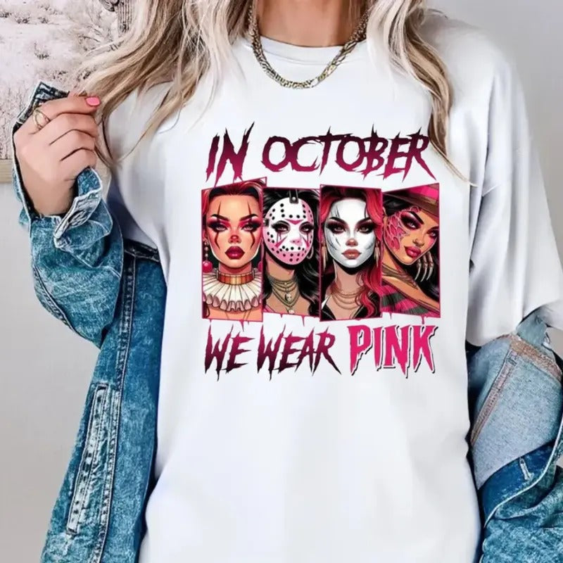 In October We Wear Pink Shirt, Halloween Movie Shirt, Pink Halloween Characters, Breast Cancer Awareness, Cancer Support...