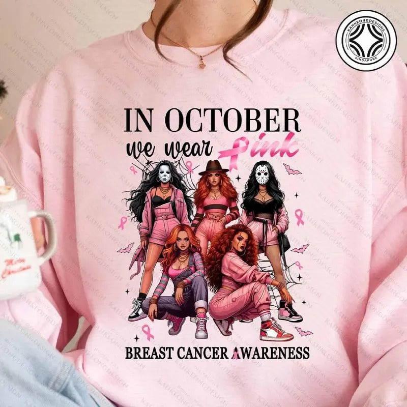 In October We Wear Pink Shirt, In October We Wear Pink Halloween Shirt, Girl   Characters Movies Shirt, Breast Cancer...
