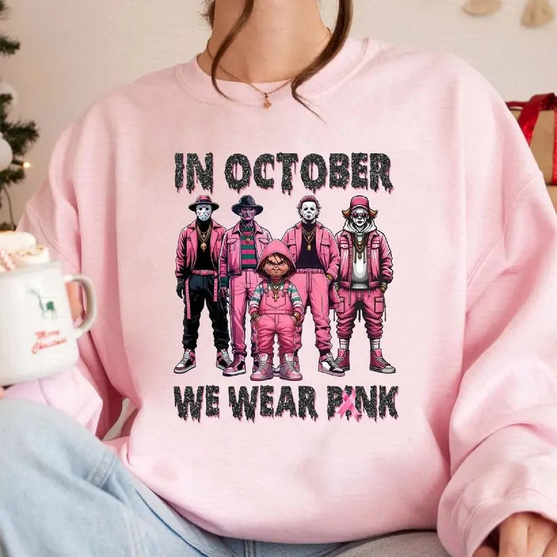 In October We Wear Pink Shirt, Michael Myers Pennywise Halloween Characters Breast Cancer Awareness Breast Cancer Month...