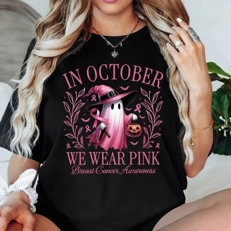 In October We wear pink Spooky Version Comfort Colors unisex Tshirt Hoodie, Sweatshirt | RetroVerseTees.com