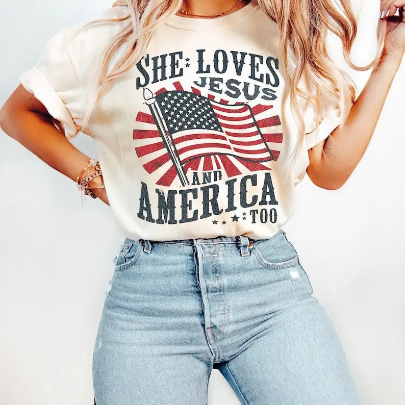 "Independence Day T-Shirt, Christian Shirt, 4th of July Shirt, She Loves Jesus And America Too Shirt, America Retro Shirt, Usa Shirt, USA Flag, Unisex T-Shirt"