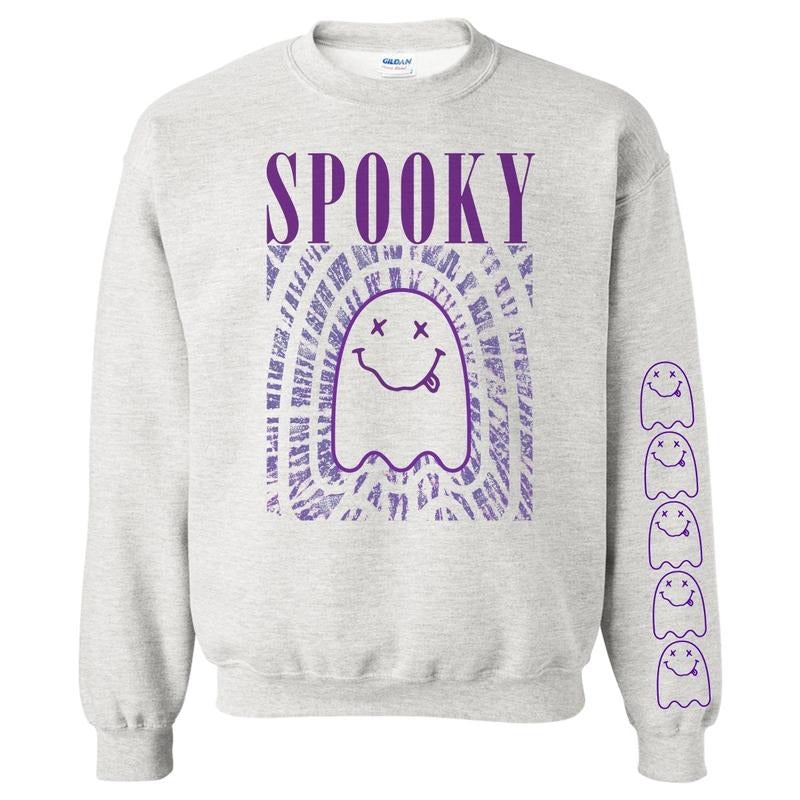 'It Smells Like Spooky Spirit' Halloween Ghost Sweatshirt, Sleeve Print T-Shirts, Hoodie | RetroVerseTees.com