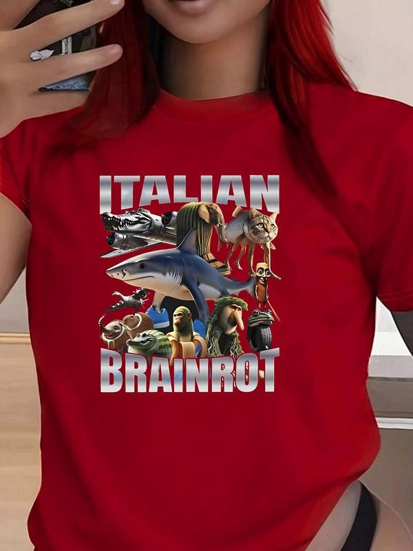 Italian Brainrot Character Thing Round Neck Graphic Tee, Fashion Casual Fish Shark Print Short Sleeve T-shirt for Daily...