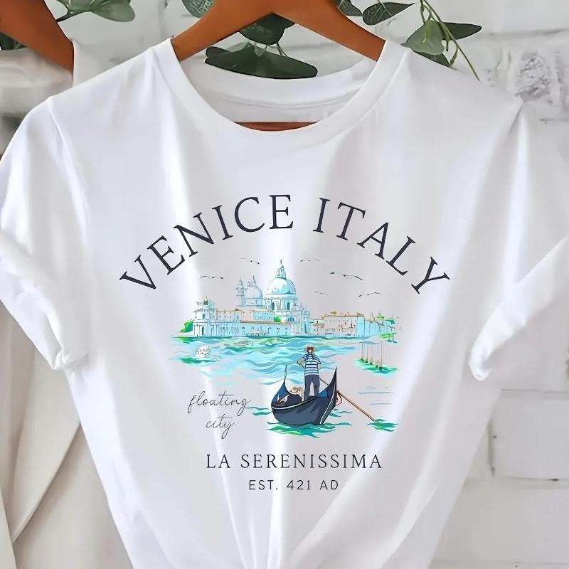 Italian Printed T-shirt Short-sleeved Round Neck Casual Tops Summer Spring Minimalist Wind Harajuku Women'WB shield Shirt...
